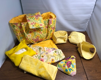 Doll baby diaper bag set, changing pad, blanket, bib, diapers, wipes and wipe case, yellow, pink, blue, birthday gift, big sister gift,