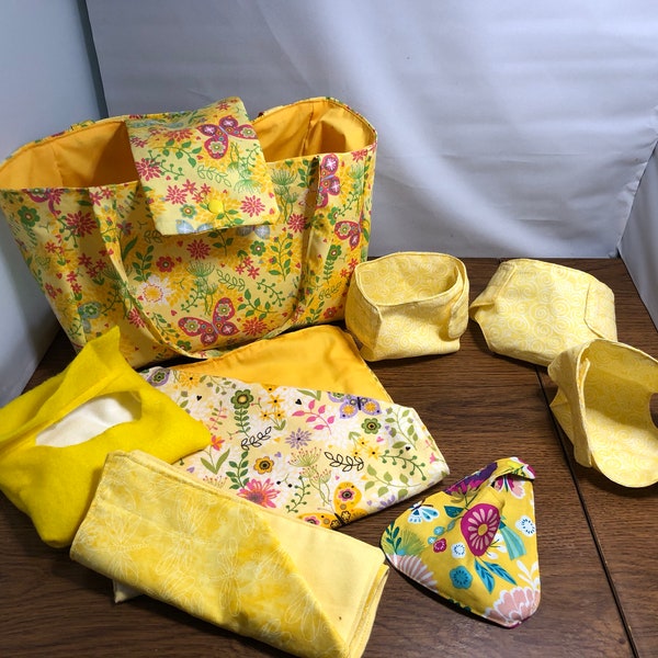 Doll baby diaper bag set, changing pad, blanket, bib, diapers, wipes and wipe case, yellow, pink, blue, birthday gift, big sister gift,