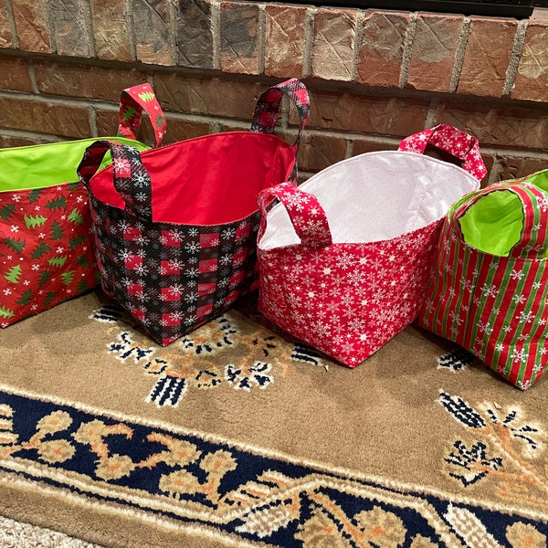 Christmas eve baskets, fabric baskets, book baskets, teacher, host, Coaches gift, gift basket, Christmas tree, snowflake, red truck, winter