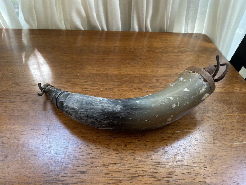 Antique Large American Carved Powder Horn With Wood Stopper Etsy