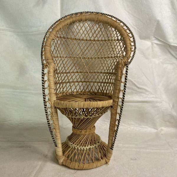 Mini Peacock Wicker Chair Doll or Plant Stand Fan Back Rattan Boho Décor