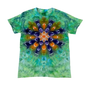 Tie Dye T-Shirt, Adult Small, Purple and Orange Flower on a Green Ice Dyed Background