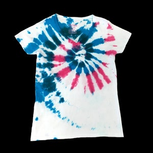 Tie Dye T-Shirt, Ladies Small, V-neck, Pink Teal and Blue Spiral