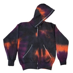 Youth Medium Tie Dye Full Zip Up Hoodie, Black Orange and Purple