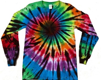 Camiseta de manga comprida tie-dye, adulto pequeno, espiral arco-íris