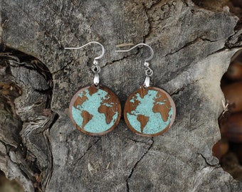Planet Earth Earrings - Planet Earth Jewelry - Wooden Earrings - Unique Stone Inlay Jewelry - Wooden Earrings, World Map Earrings, Turquoise