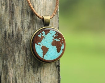 Planet Earth Necklace World Map, Planet Earth Jewelry, Handmade Necklace, Planet Earth Pendant, Wooden Necklace, World Map, Epoxy Resin