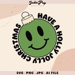 Wesołych, świątecznych świąt SVG | Teksty piosenek świątecznych z ozdobami świątecznymi | Retro Smiley Face | Projekt koszulki Sublimacja PNG Pliki Cricut