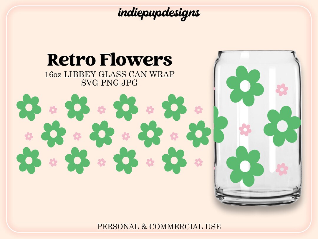Retro Flowers Libbey Glass Can SVG | Glass Can Wrap | 16oz Wrap ...