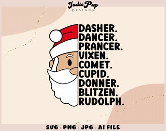 Santa&#39;s Reindeer SVG | Dasher Dancer Prancer Vixen Comet Cupid Donner Blitzen Rudolph | Christmas Holidays | Xmas Shirt Design Kids Toddlers