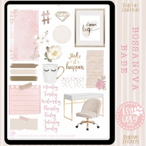 May include: Digital journal stickers with a Bossanova Babe theme. The image features a white mug with eyelashes, a desk, chair, and various decorative elements in pink, gold, and white. Text includes "dream big" and "Make it happen."