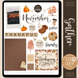 May include: Digital journal stickers with a Thanksgiving theme. The design includes pumpkins, fall leaves, a turkey, and the words "November", "Thankful", "Gather", and "Happy Thanksgiving Day". The color palette features warm browns, oranges, and tans.