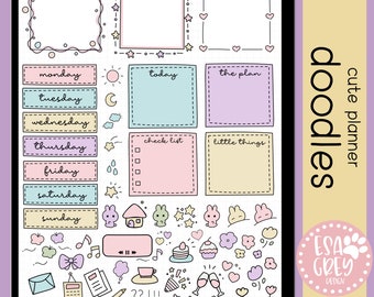 May include: A set of digital planner stickers featuring cute doodles in pastel colors. The stickers include frames, boxes, check lists, days of the week, and various other cute illustrations. The stickers are designed for use in digital planners.