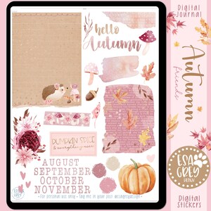 May include: Digital journal stickers with an autumn theme. The design includes a hedgehog, mushrooms, leaves, a pumpkin, and the text "hello Autumn" and "Pumpkin Spice & everything nice". The color palette features pinks, browns, and oranges.