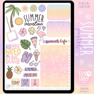 Könnte beinhalten: Digitale Journal-Aufkleber mit Sommerthema. Die Aufkleber enthalten eine Palme, Sonne, Flamingo, Wassermelone, Eis und Text mit "Summer Vacation" und "All You Need Is Summer". Die Farbpalette ist pastellfarben.