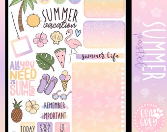 Kit d'autocollants pastel pour les vacances d'été | Stickers pour agenda numérique (Goodnotes + PNG) | Ambiance de plage