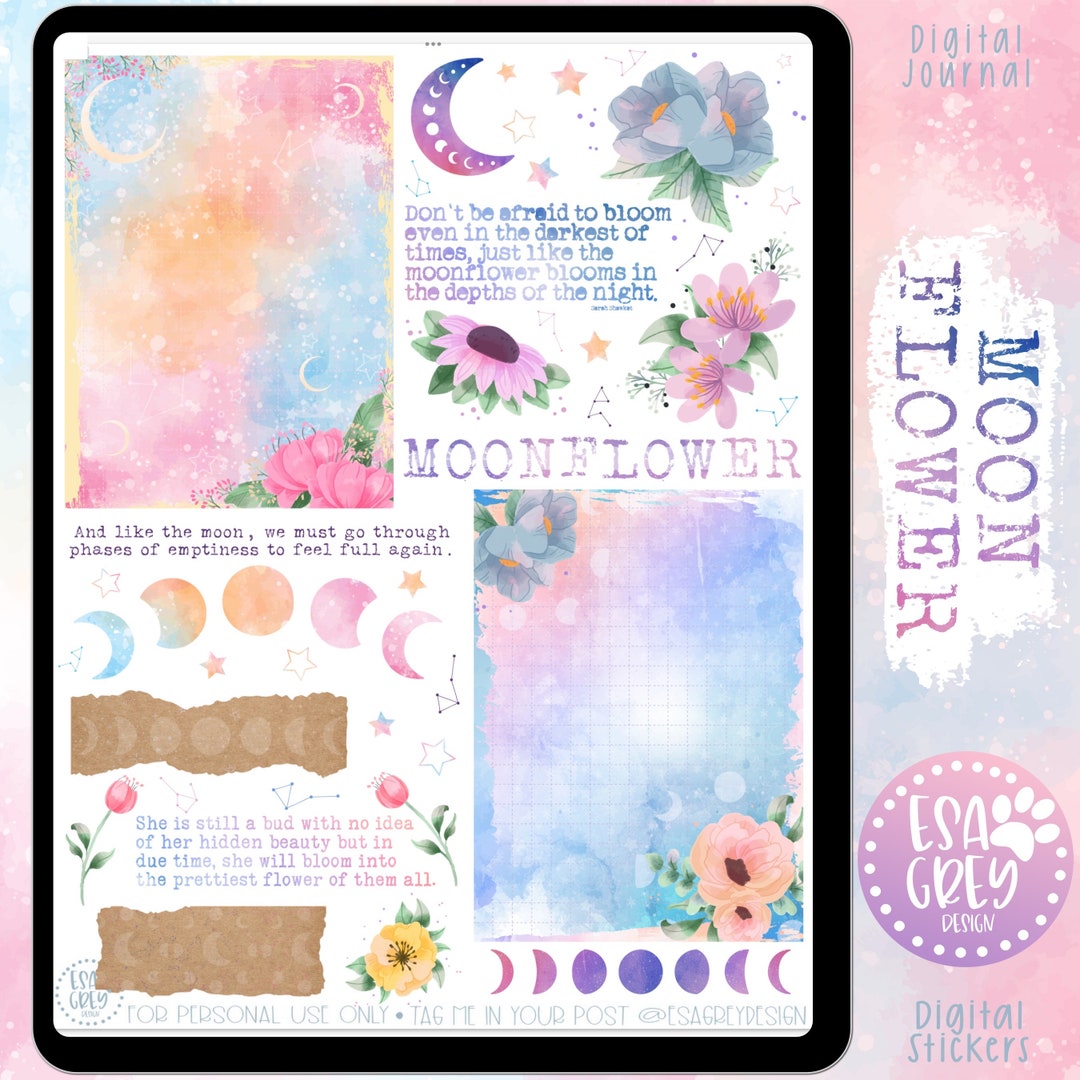 Moon Flower Digital Planner Stickers | Goodnotes Stickers | Floral Moon ...