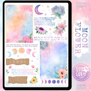 Könnte beinhalten: Digitale Sticker mit einem Aquarell-Mondblumen-Design in einem rosa, blauen und gelben Farbschema. Die Sticker enthalten Zitate über Mondblumen und Mondphasen. Der Text lautet "Hab keine Angst zu blühen, selbst in den dunkelsten Zeiten, genau wie die Mondblume in den Tiefen der Nacht blüht. Eine MONDBLUME Und wie der Mond müssen wir Phasen der Leere durchlaufen, um uns wieder ganz zu fühlen. Sie ist noch eine Knospe ohne Ahnung von ihrer verborgenen Schönheit, aber zu gegebener Zeit wird sie zu der schönsten Blume von allen erblühen."