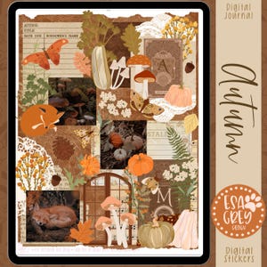 Könnte beinhalten: Digitale Sticker mit Herbstmotiven, darunter Pilze, Kürbisse, Füchse, Schmetterlinge und Blätter. Die Sticker sind im Collage-Stil mit einem braunen und weißen Farbschema gehalten. Der Text "Herbst" ist in einer großen Schriftart auf der rechten Seite des Bildes zu sehen.