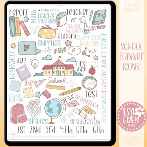 Puede incluir: Iconos de planificador escolar digital en una pantalla de tableta. Los iconos incluyen útiles escolares, un edificio escolar, un globo terráqueo, una mochila y gorras de graduación. El texto incluye "School Planner Icons", "Grades" y "Graduation".