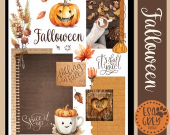 May include: Digital journal page with a fall theme. Features watercolor illustrations of a smiling pumpkin, autumn leaves, and the text "Falloween". Includes the phrases "falling in fall" and "Spice it up".