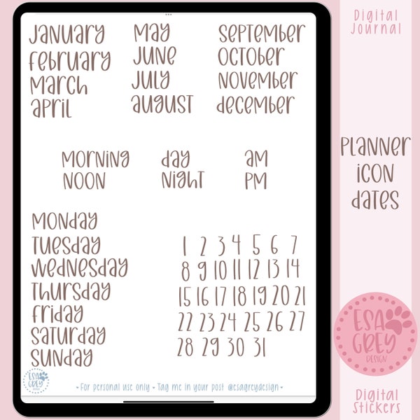 Planner Icon Date Stickers | Boho Stickers | Goodnotes Stickers | Notability One Note | Planning Stickers | Month Day Date Week Stickers