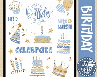 Birthday Party Digital Stickers | Boho Stickers | Goodnotes Stickers | Modern Blue Birthday |  Digital Planning Stickers | Boy Birthday