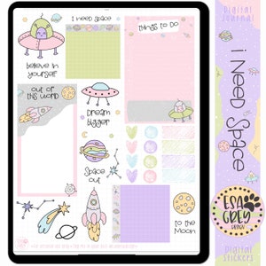 May include: A set of digital stickers featuring a space theme. The stickers include a rocket, planets, stars, a UFO, and the text "I Need Space".