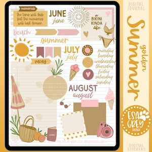 May include: Digital journal page with a summer theme. The design includes illustrations of a sun, ice cream cones, a bikini, and text such as "Summer", "June", "July", and "August". The color palette is primarily beige, pink, and gold.