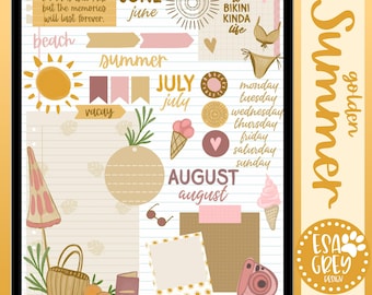 May include: Digital journal page with a summer theme. The design includes illustrations of a sun, ice cream cones, a bikini, and text such as "Summer", "June", "July", and "August". The color palette is primarily beige, pink, and gold.