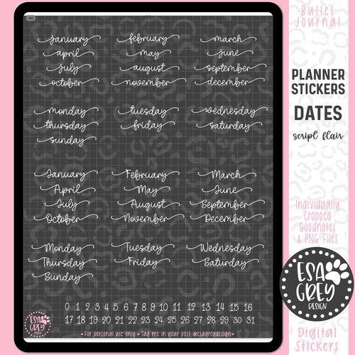 Planner Sticker Dates Script Font PNG Stickers Goodnotes - Etsy