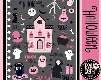 Haunted in Pink Halloween Stickers | Spooky Digital Planner Planning Stickers | Goodnotes Stickers | Halloween Scrapbook | Digital Journal