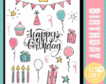 Birthday Party Digital Stickers | Goodnotes Stickers | Hand Drawn Birthday Planner Stickers |  Digital Planning Journal Stickers | Cute Bday