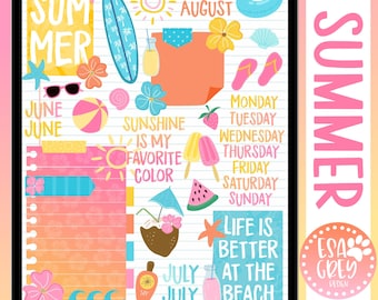 May include: Digital journal page with a summer theme. Includes illustrations of a surfboard, sunglasses, beach ball, flowers, and text that says "Summer", "Sunshine is my favorite color", and "Life is better at the beach".