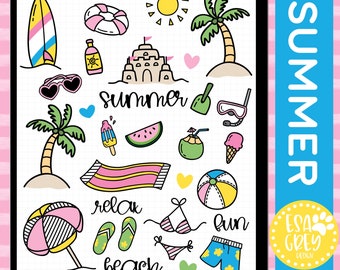 Bright Summer Days Digital Stickers | Digital Planner Stickers | Hand Drawn Doodle Beach Summer Vacation Stickers | Goodnotes Stickers