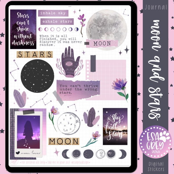 Moon & Stars Journal Sticker Set | Goodnotes Stickers | Planner Stickers | Esoteric Wicca Stickers | Torn Paper | Boho Stickers