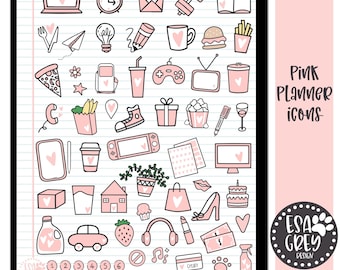 May include: A set of 40 pink digital planner icons featuring various illustrations such as a coffee cup, a house, a car, a gift, a pizza slice, a lightbulb, a computer, a phone, a pair of headphones, a lipstick, a credit card, a shopping bag, a cupcake, a strawberry, a glass of wine, a dumbbell, a book, a hamburger, a pair of scissors, a pencil, a plane, a star, a flower, a game controller, a TV, a trash can, a shoe, a popcorn bucket, a pen, a plant, a cake, a high heel, a bottle of cleaning spray, and a pair of hearts. The icons are drawn in a simple, doodle-style and are perfect for adding a touch of personality to your digital planner.