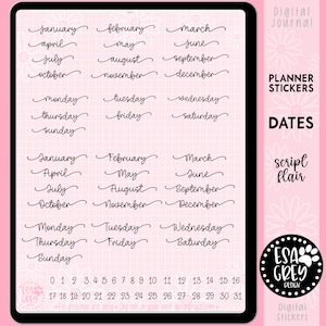 Planner Sticker Dates Script Font | PNG Stickers | Goodnotes Stickers | Notability One Note | Planning Stickers | Month Day Stickers