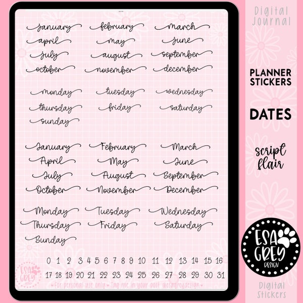 Planner Sticker Dates Script Font | PNG Stickers | Goodnotes Stickers | Notability One Note | Planning Stickers | Month Day Stickers