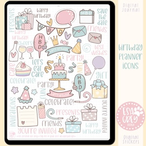 Pegatinas con íconos para planificador de cumpleaños / Pegatinas bohemias / Pegatinas de Goodnotes / OneNote de Notability / Pegatinas de planificación digital / Pegatinas kawaii