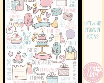 Birthday Planner Icon Stickers | Boho Stickers | Goodnotes Stickers | Notability OneNote |  Digital Planning Stickers | Kawaii Sticker