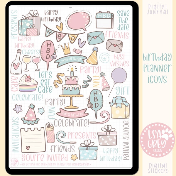 Birthday Planner Icon Stickers | Boho Stickers | Goodnotes Stickers | Notability OneNote |  Digital Planning Stickers | Kawaii Sticker