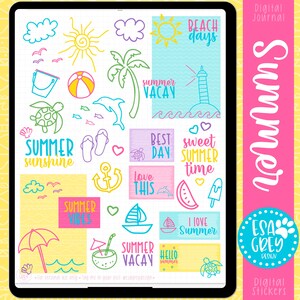 May include: A set of digital stickers featuring summer-themed illustrations. The stickers include a beach scene, a lighthouse, a palm tree, a turtle, a watermelon, a popsicle, an anchor, a sailboat, a beach umbrella, a coconut with a straw, and more. The stickers are in a variety of bright colors, including pink, blue, yellow, green, and orange. The text on the stickers includes "Beach Days", "Summer Vacay", "Best Day", "Sweet Summer Time", "Summer Vibes", "I Love Summer", and "Hello Summer".