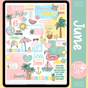 May include: Digital journal page with summer-themed stickers. Includes illustrations of palm trees, a flamingo float, beach ball, sun, watermelon, and text that says "June", "Summer is Here!", and "Let's Go to the Beach".