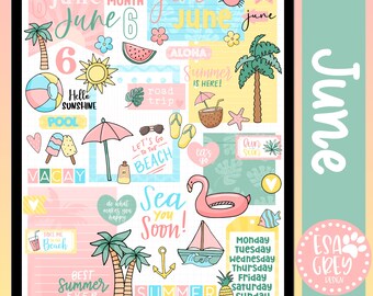 June Monthly Digital Stickers | Digital Planner Stickers | Beach Stickers | Summer Vacation Stickers | Goodnotes Stickers | PNG Stickers