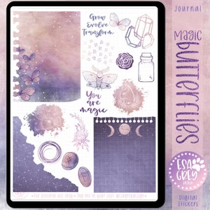 Set di adesivi per diario di pianificazione Magic Butterflies / Adesivi Goodnotes / Adesivi per pianificatore / Adesivi Wicca esoterici / Carta strappata / Adesivo Boho
