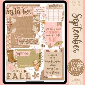 以下が含まれることがあります： 秋をテーマにしたデジタルジャーナルページ。デザインには、装飾的なフォントで「9月」という単語が含まれており、葉、コーヒーカップ、レインブーツなど、秋をテーマにしたイラストが添えられています。カラーパレットは暖かく、茶色、ピンク、緑が特徴です。