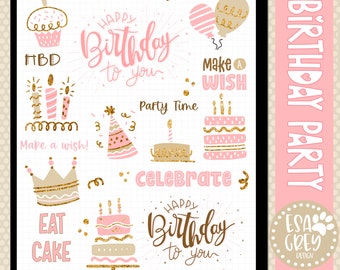 Birthday Party Digital Stickers | Boho Stickers | Goodnotes Stickers | Modern Pink Birthday |  Digital Planning Stickers | Cute Birthday