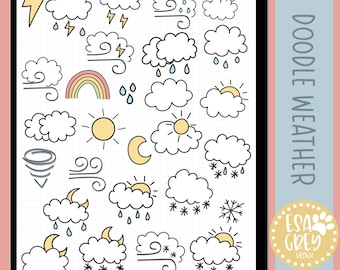 May include: A set of 20 digital stickers featuring hand-drawn weather icons. The stickers include clouds, sun, moon, rain, lightning, wind, snow, and rainbows. The stickers are in black and white with yellow, blue, and pink accents. The stickers are perfect for adding a touch of whimsy to your digital planner or journal.