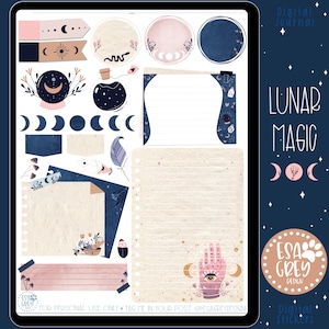 May include: A digital planner sticker set with a celestial theme. The stickers feature moons, stars, hands, and other mystical elements in shades of blue, pink, and gold. The text "Lunar Magic" is featured in the upper right corner of the image. The text "ESA GREY DESIGN" is featured in the lower right corner of the image.
